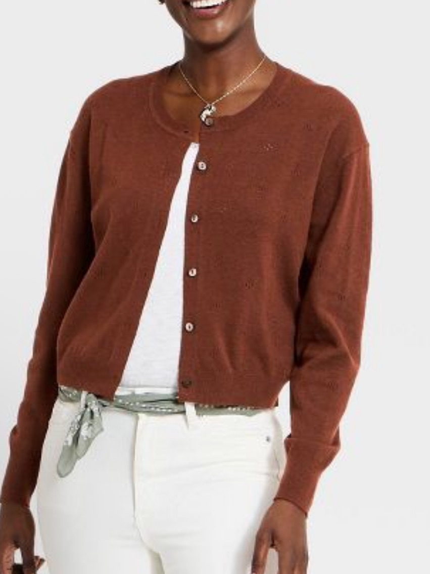 A New Day Nwt M Brown Crop Lightweight Pointelle Crewneck Cardigan Sweater